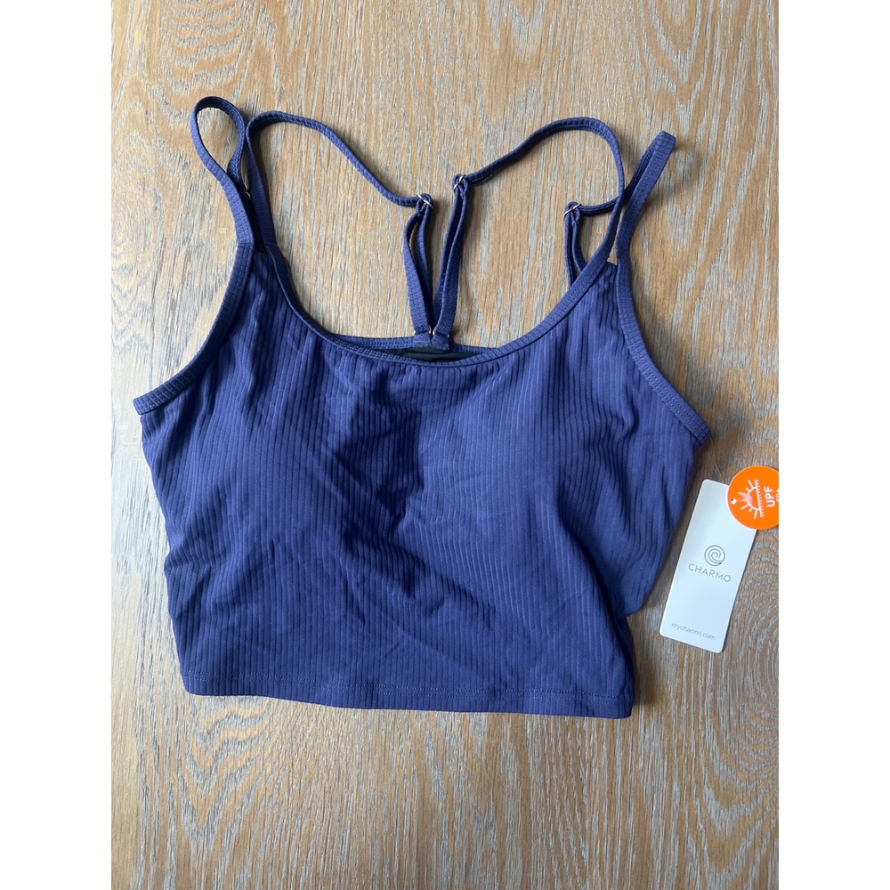 Charmo Purple Ribbed T-Back Bikini Swim Top UPF 50+